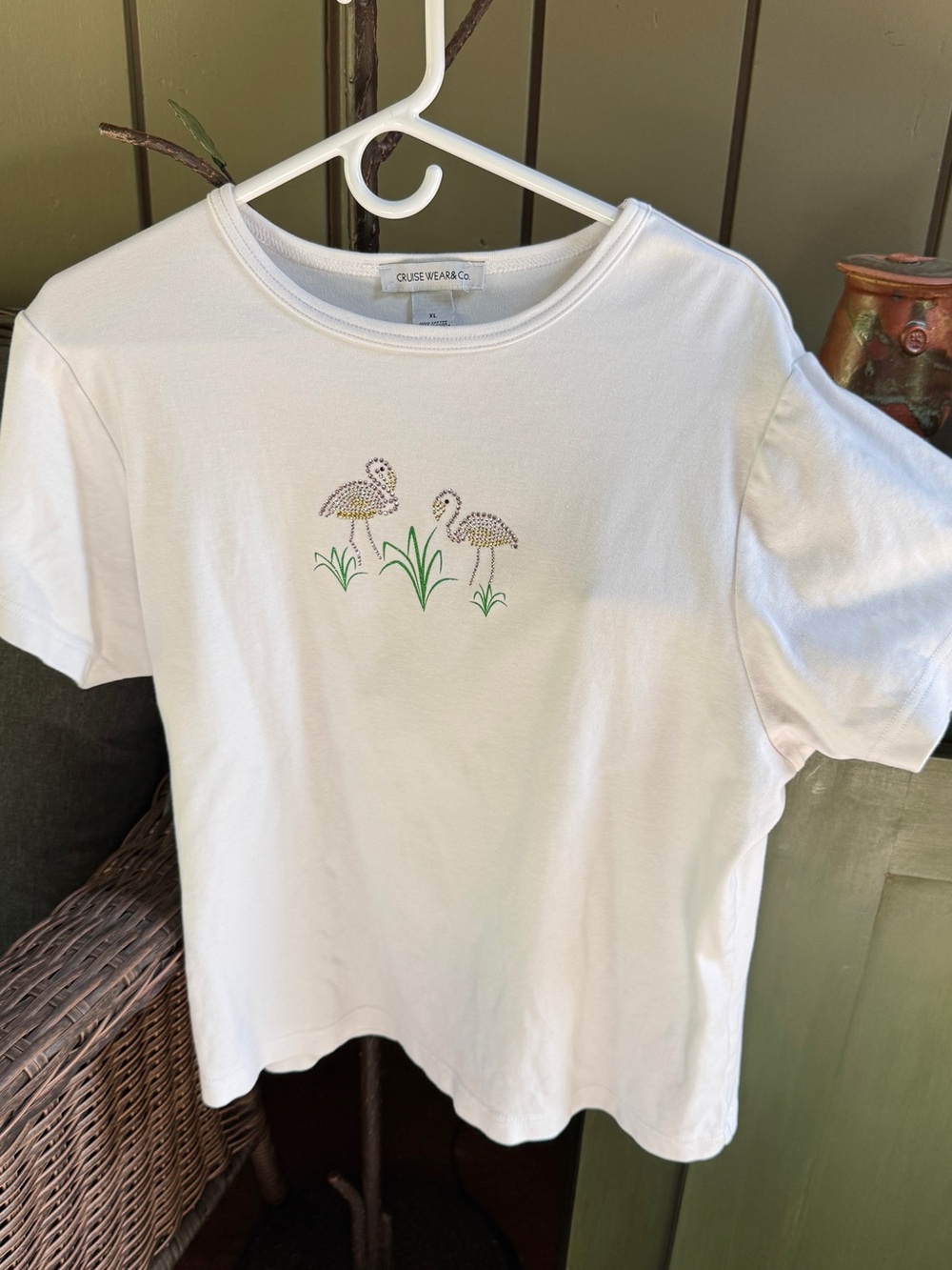 White Short-Sleeve Tee with Embroidered Flamingos